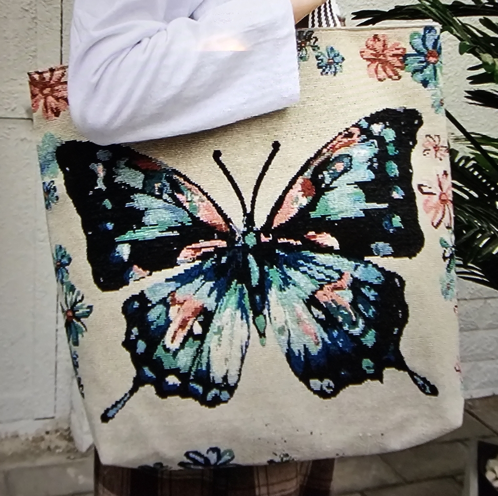 Butterfly Canvas Zip top tote bag NEW